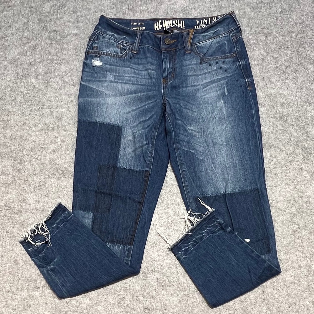 Rewash Brand Patchwork Distressed Jeans Classic‎ Rise Raw Hem Blue Size 7/28